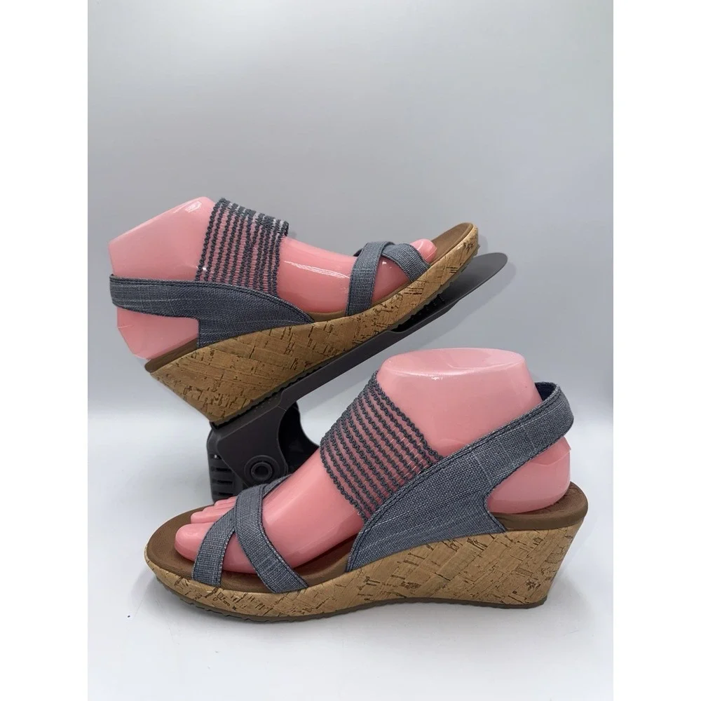 Skechers Luxe Foam Beverlee Blue Shimmer‎ Strappy Open Toe Cork Wedges Sz 7.5